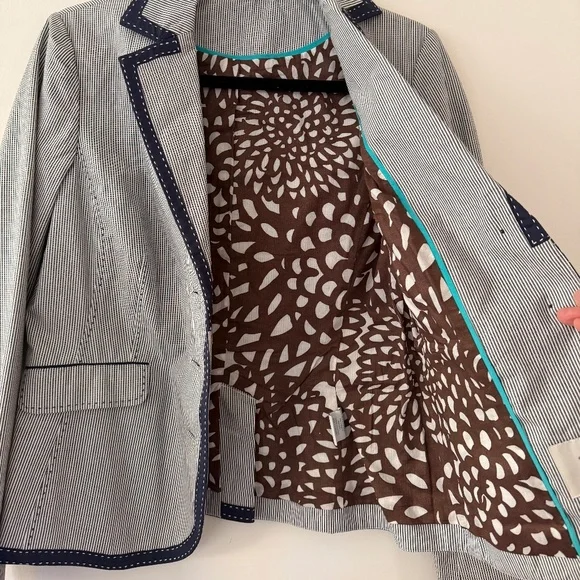 Boden Pinstripe Navy White Cotton Blazer Tuxedo Style Classic Office Preppy Sz 6 - Picture 7 of 10